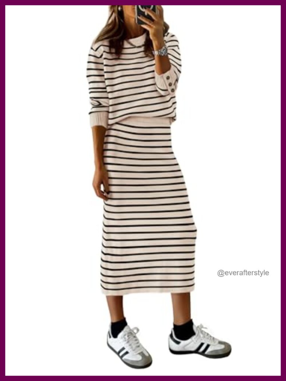 Women 2 Piece Striped Sweater Skirt Set Knitted Long Sleeve Midi Matching